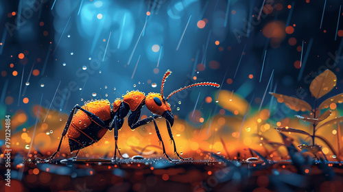 illustration of an ant in the rain flat style