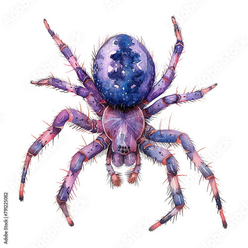 A colorful spider with a purple body and blue legs