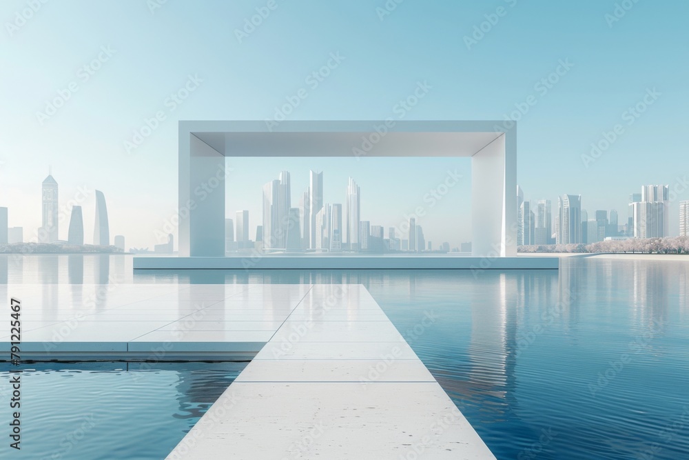 Fototapeta premium Modern buildings by the lake. The modern urban skyline is in the background.