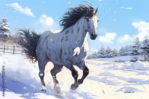cartoon illustration  a horse is running in the snow