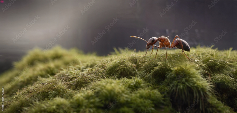 Forest ant closeup on a moss