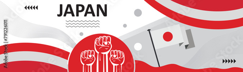 Japan national day banner with Japanese flag colors background.creative independence day banner with raising hand. Poster, card, banner, template, for Celebrate annual..eps