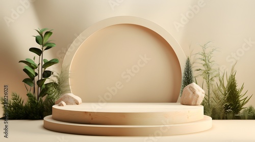 Mockup stage design for products, a flat wood, on a clean light beige background, with some woods and plants. Suitable for e-commerce scenarios.