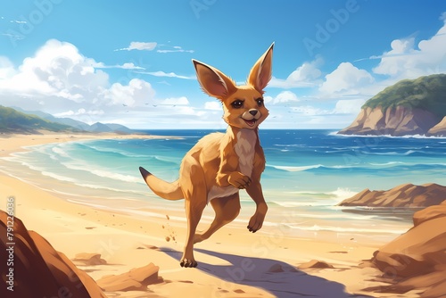 cartoon illustration, a kangaroo is running on the beach
