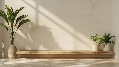 Mockup stage design for products, a flat wood, with some woods and plants a flat front shot, minimal style, Product Showcase © horizor