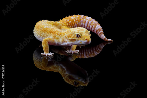 Fat-tailed geckos isolated on black, leopard gecko lizard, eublepharis macularius	
