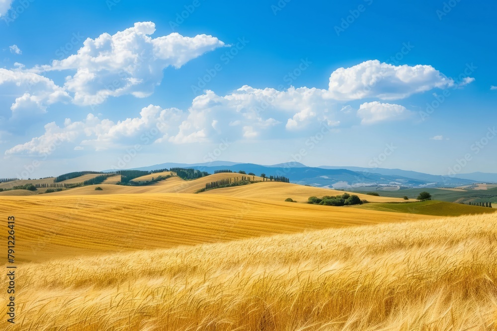 A peaceful countryside landscape with gently rolling hills and fields of golden wheat swaying in the breeze under a bright blue sky, Generative AI