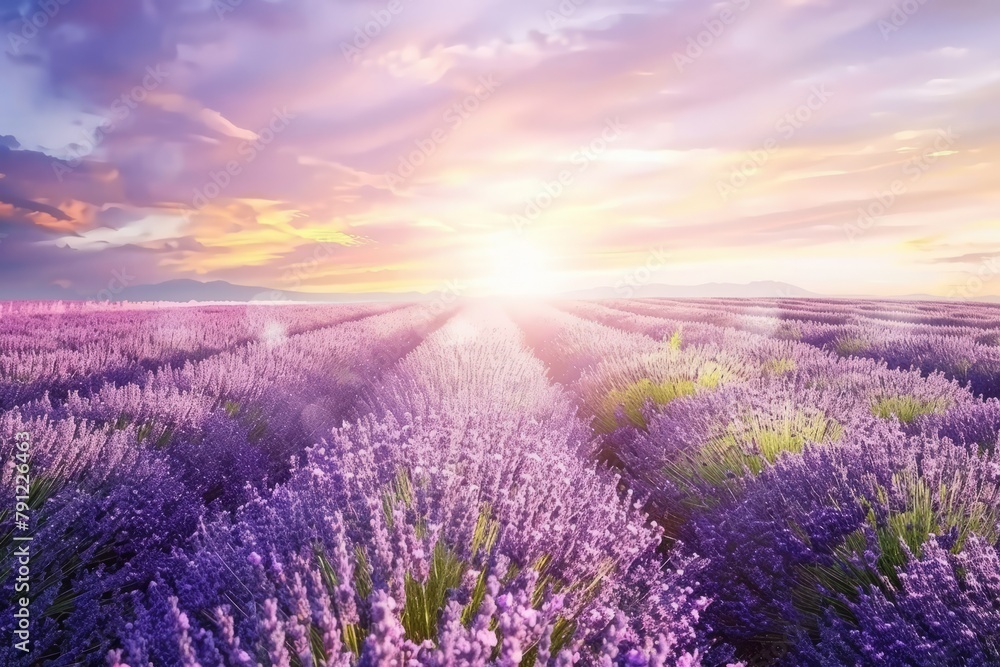 Obraz premium A peaceful lavender field in full bloom, with rows of fragrant purple flowers swaying gently in the breeze under a pastel sunset sky, Generative AI