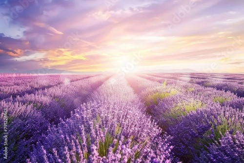 A peaceful lavender field in full bloom, with rows of fragrant purple flowers swaying gently in the breeze under a pastel sunset sky, Generative AI