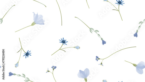 Floral seamless pattern, assorted blue wildflowers on grey background © momosama