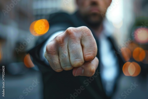 A man in a suit is punching the air.