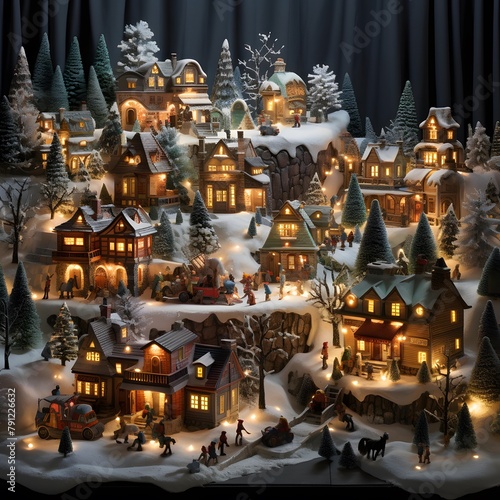 Christmas village with houses and trees covered with snow, 3d illustration