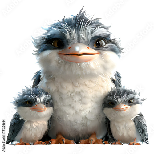 A 3D animated cartoon render of a brave kookaburra guiding a family to safety. photo