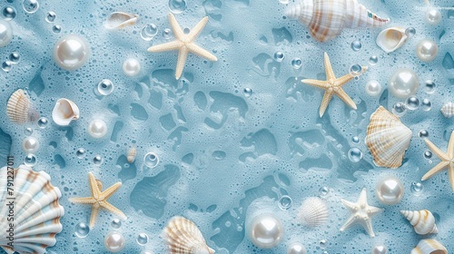 A blue water background with white pearls  shells and starfish scattered across the scene. Digital art with dreamy atmosphere and beach-style sea elements.