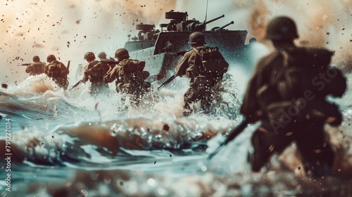 Soldiers storming beach under gunfire, historical battle reenactment