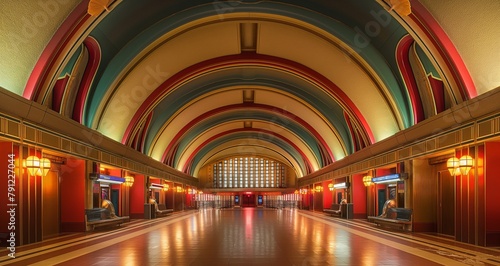 Grand Art Deco train terminal with sleek curves and ornate lighting