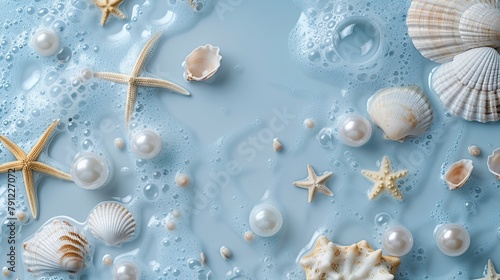 A blue water background with white pearls, shells and starfish scattered across the scene. Digital art with dreamy atmosphere and beach-style sea elements.