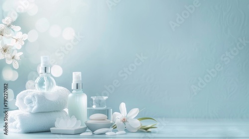 A blue background with a white flower and a white towel. There are three bottles of lotion and two bottles of perfume on the table