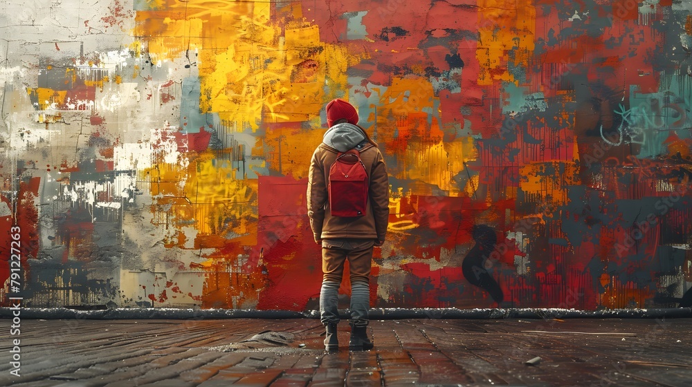 Person in Red Hoodie Contemplating Life Against a Backdrop of Colorful Urban Graffiti Art