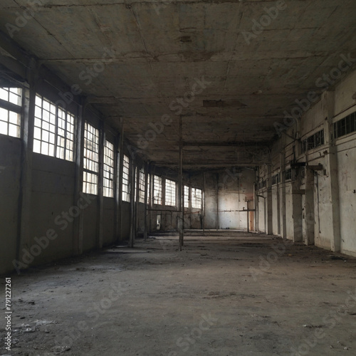 an empty warehouse with a cement patterned floor and brick walls and windows