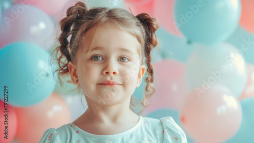 Young girl with buns hairstyle smiling near colorful balloons