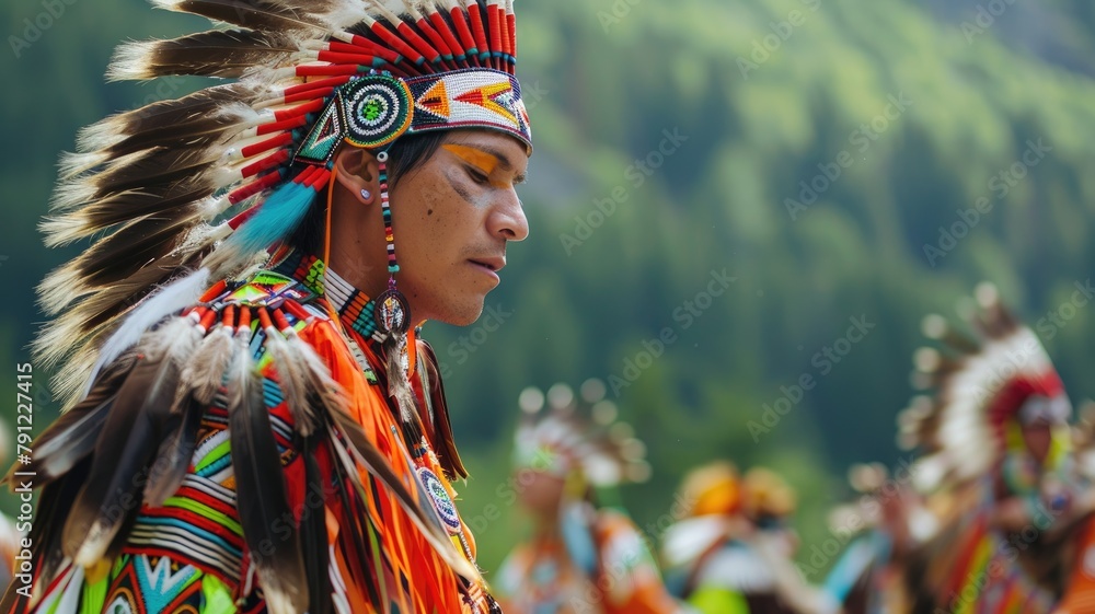 Person in elaborate native attire with feather headdress