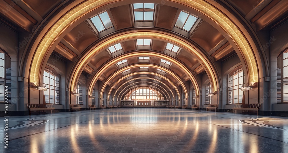 Grand Art Deco train terminal with sleek curves and ornate lighting