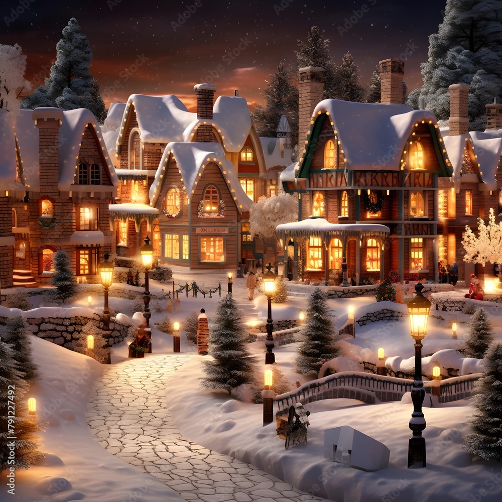 Christmas night in the village. Christmas and New Year holidays concept.