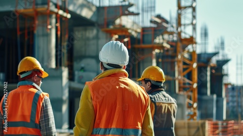 A group of construction workers wearing orange vests.