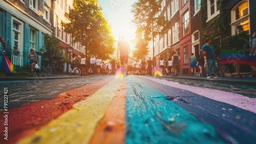 Colorful painted street with rainbow flag at vibrant sunset in urban setting photo