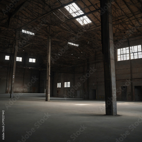 an empty warehouse with a cement patterned floor and brick walls and windows