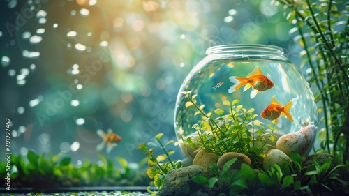 Goldfish swimming in bowl on sunny, nature-inspired backdrop