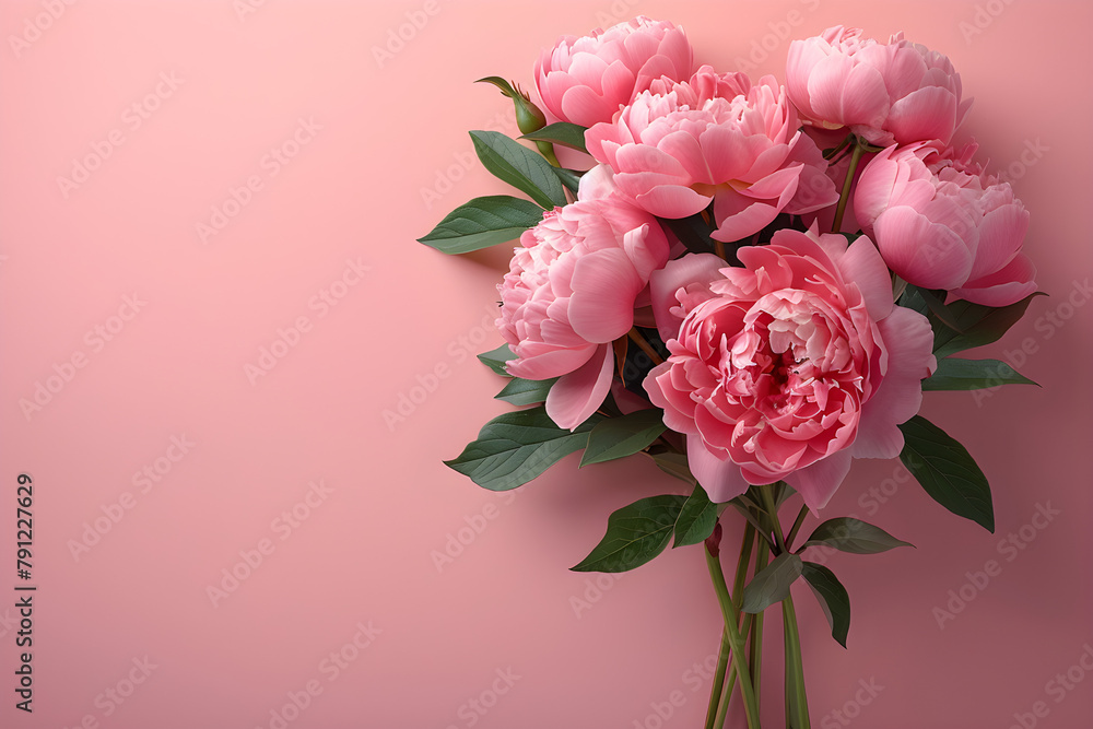 Top view photo of fresh pink peony and roses on pastel pink background with blank space, Mother's Day concept Top view photo of fresh pink peony and roses on pastel pink background with blank space, Mother's Day concept