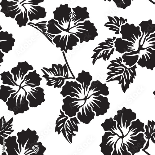 Black and White Tropical Summer Hawaiian Hibiscus Seamless Pattern