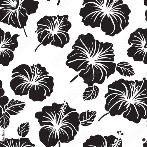 Black and White Tropical Summer Hawaiian Hibiscus Seamless Pattern