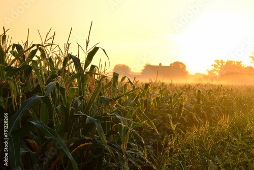 A serene scene of a rural cornfield at sunrise  with dew glistening on the tall stalks and the distant silhouette of a farmhouse  Generative AI