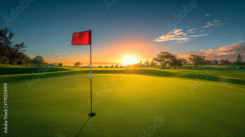 Golf Course at Sunset with Red Flag © TY