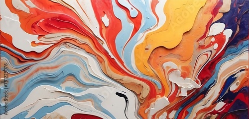 Abstract background of acrylic paint in red, blue and yellow tones.