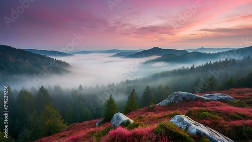 Fantastic foggy sunrise in the mountains. Dramatic scene. foggy mountains and trees