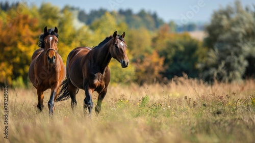 Two horses walking in field with autumn trees background