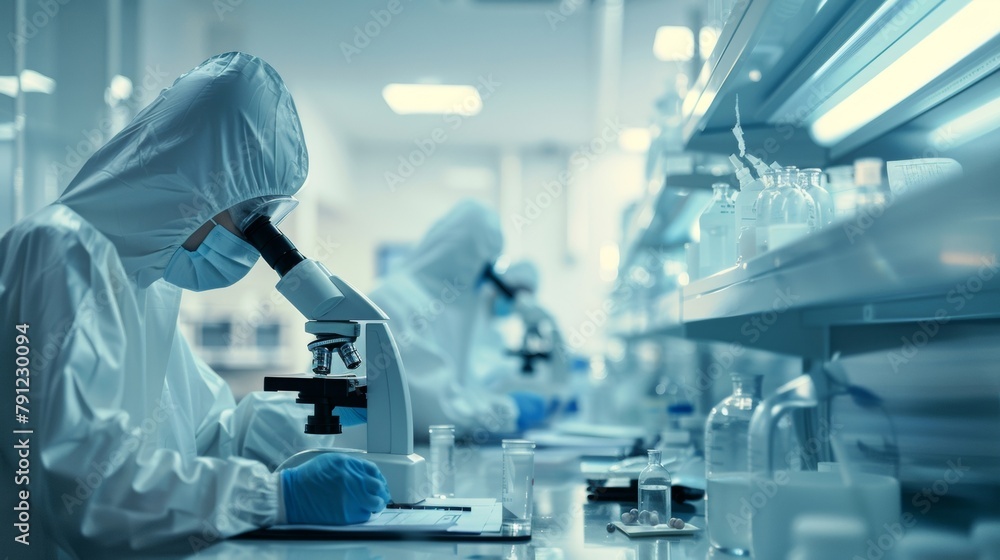 Slightly out of focus image of a research laboratory where scientists in protective gear are studying samples under a microscope with shelves and equipment blurred in the background. . Slightly out of focus image of a research laboratory where scientists in protective gear are studying samples under a microscope with shelves and equipment blurred in the background. .
