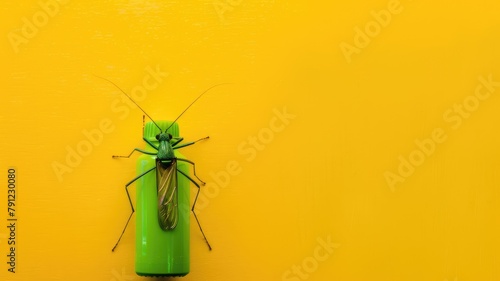 Green insect on vertical green surface against yellow background © Татьяна Макарова