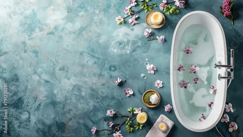 Bathtub filled with water and flower petals, surrounded by candles spa items on textured background photo