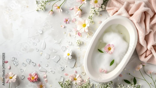 Miniature bathtub surrounded by flowers and water droplets on marble background photo