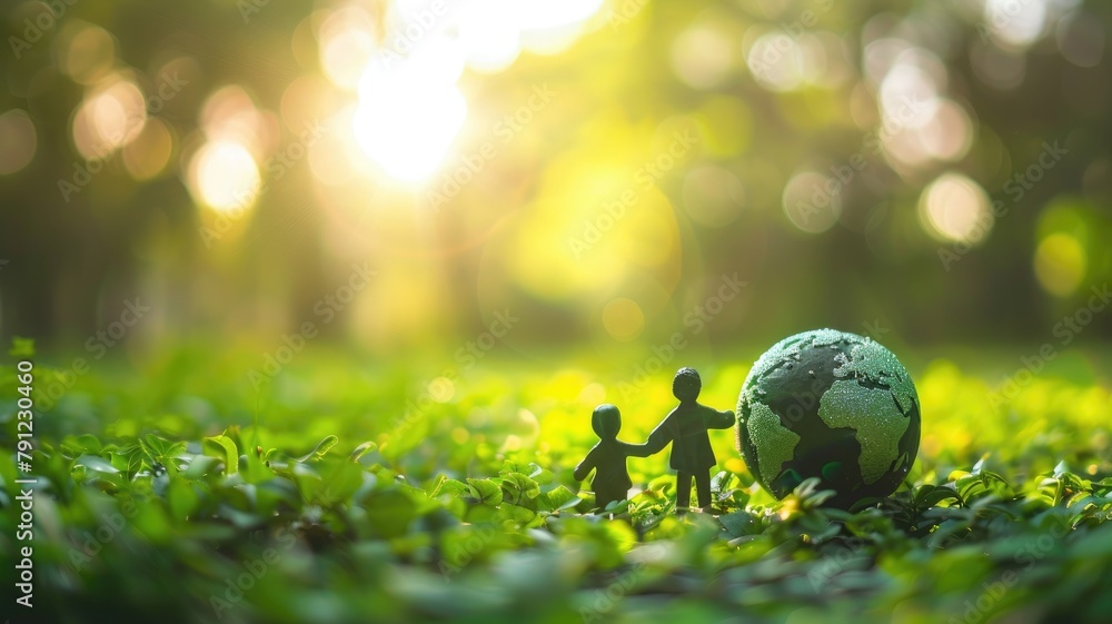 Fototapeta premium Small figurines with globe on sunny grass field suggest environmental care or global unity