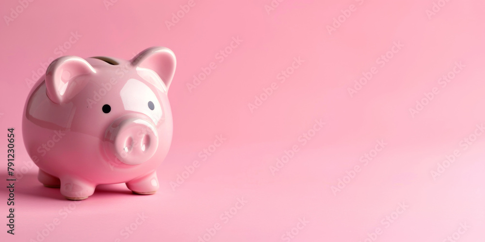 Pink piggy bank on a pink background with copy space for your text