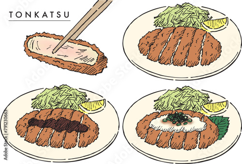 とんかつバリエーションペン画カラー