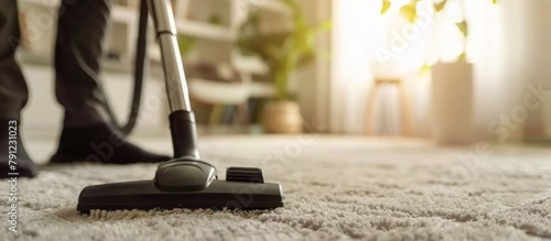 A person diligently cleaning the carpet with a vacuum cleaner, removing dirt and dust particles effortlessly photo