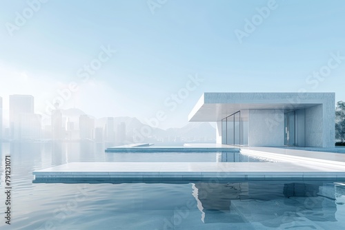 Modern buildings by the lake. The modern urban skyline is in the background. © aiqing