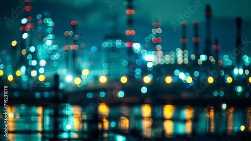 Defocused silhouettes of industrial structures softly illuminated by the glow of a bustling metropolis at night. . © Justlight